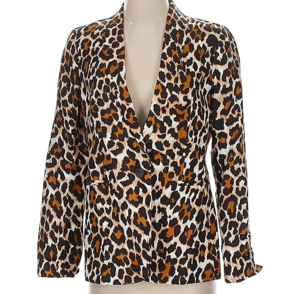 J Crew Parke Blazer Womens Size 12 LinenBlend Leopard Animal Print Jacket Career